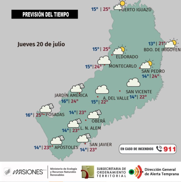 Nubes a la mañana en la zona Sur de Misiones y posibles lluvias breves al sureste y norte provincial 7 Tiempo 3 - 6