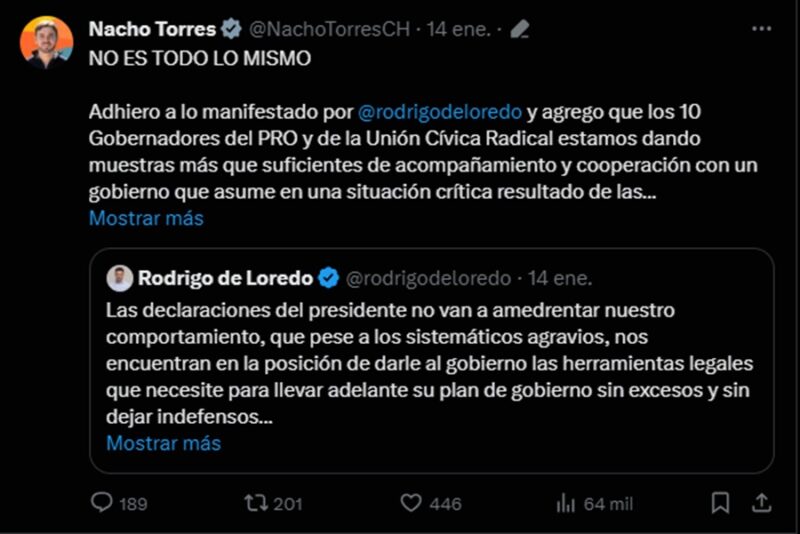 Los votos que necesita el Gobierno para aprobar la ley ómnibus 12 Captura de pantalla 2024 01 15 Tuit Nacho Torres sobre la ley omnibus - 11