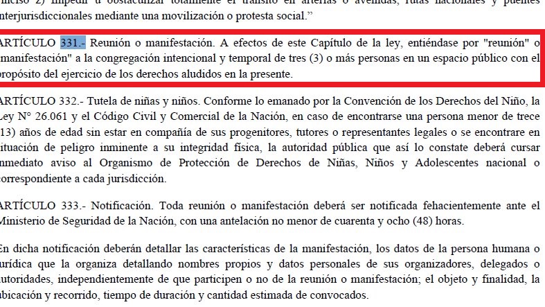 Proyecto de Ley Ómnibus | Bullrich dijo que se retirará el artículo que impedía reuniones de tres o más personas en el espacio público 5 articulo 331 de la ley omnibus - 4