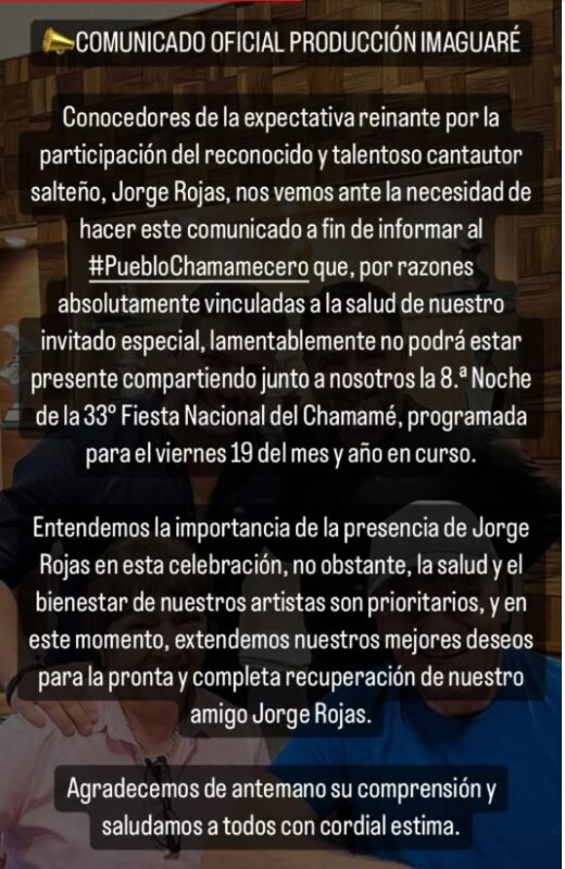 Corrientes | Jorge Rojas no actuará en la Fiesta Nacional del Chamamé el viernes 3 comunicado 1 - 2