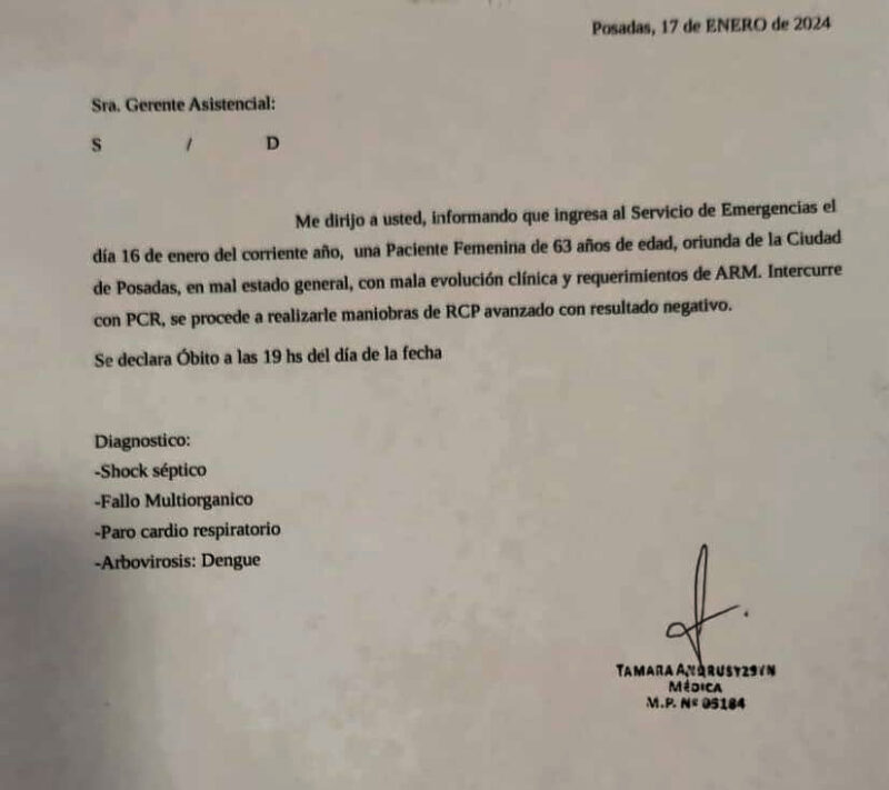 Dengue en Misiones | Murió una mujer de 63 años y siguen aumentando los contagios en el país 3 parte medico deceso de paciente por dengue 17 de enero 2024 - 2