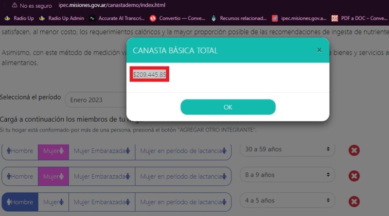 La Canasta de la Indigencia rondaría los $316 mil para una familia tipo en Misiones 7 Captura de pantalla 2024 03 05 Canasta Pobreza Misiones enero 2023 estimador en linea IPEC - 6