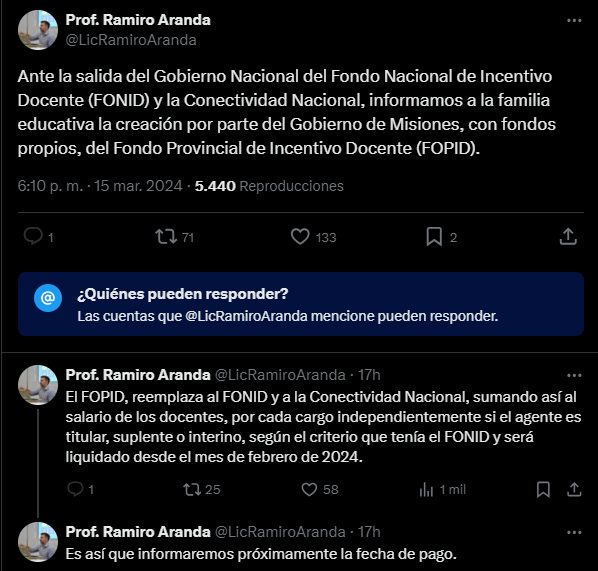 Misiones creó el Fondo Provincial de Incentivo Docente y confirma que no blanquearán el FONID 3 Captura de pantalla 2024 03 16 tuit del ministro Ramiro Aranda anunciando que el fonid pasa a ser provincial FOPID - 2