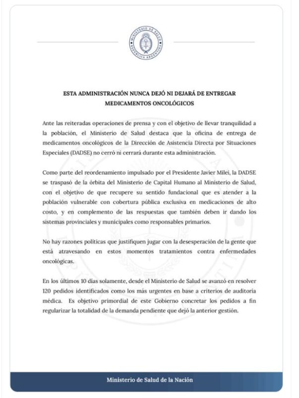 Pacientes oncológicos | Desde el Gobierno nacional aclaran que continuará la entrega de medicamentos 2 comunicado - 1