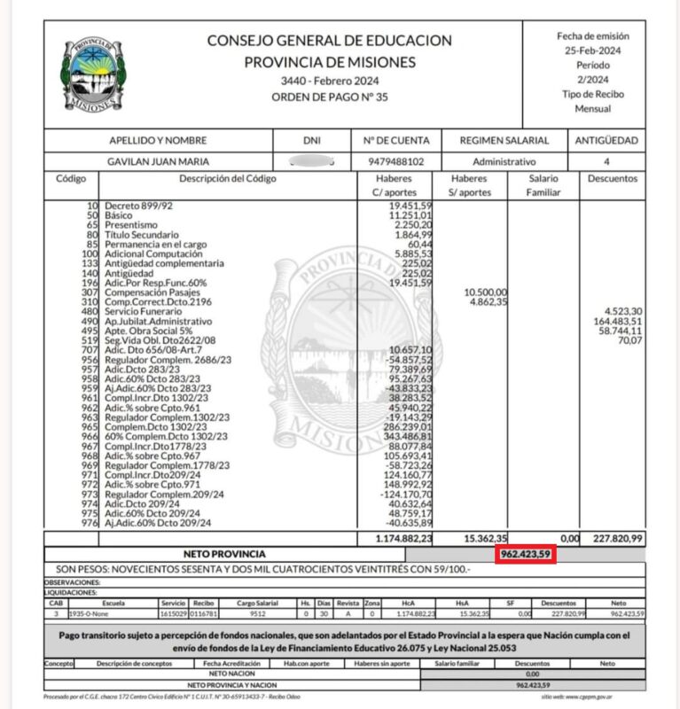 Revelan que el exministro Sedoff cobra $871 mil en el CGE, igual que hijos de funcionarios renovadores con sueldos de privilegio 10 recibo de febrero de 2024 de Juan Maria Gavilan hijo de Norma Cuquejo como administrativo del CGE - 9