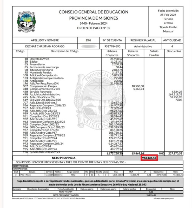 En medio del escándalo por los sueldos de privilegio y los nombramientos irregulares, Alberto “Colita” Galarza dejó el CGE 9 recibo de febrero de 2024 de christian rodrigo dechat hijo del subsecretario de educacion Dechat como administrativo del CGE - 8