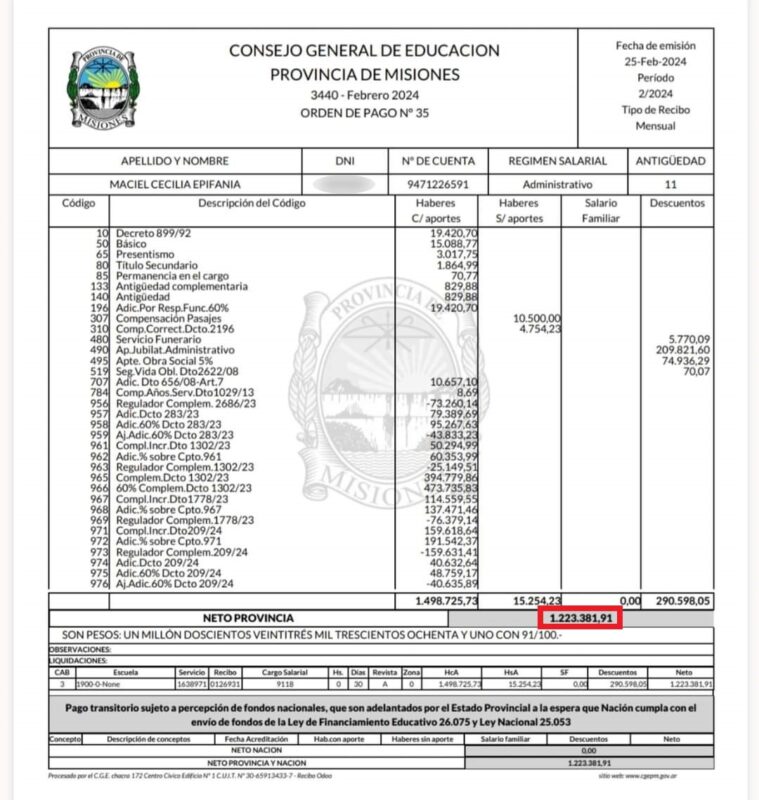Revelan que el exministro Sedoff cobra $871 mil en el CGE, igual que hijos de funcionarios renovadores con sueldos de privilegio 14 recibo de sueldo febrero 2024 administrativa del CGE Cecilia Epifania Maciel - 13