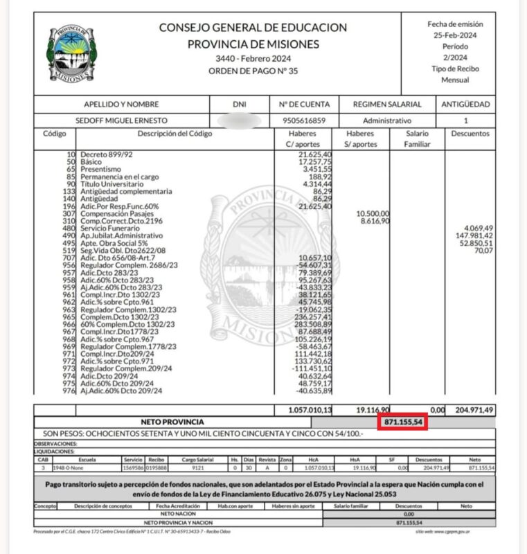 En medio del escándalo por los sueldos de privilegio y los nombramientos irregulares, Alberto “Colita” Galarza dejó el CGE 11 recibo de sueldo febrero 2024 ex ministro de educacion de misiones Miguel Sedoff - 10