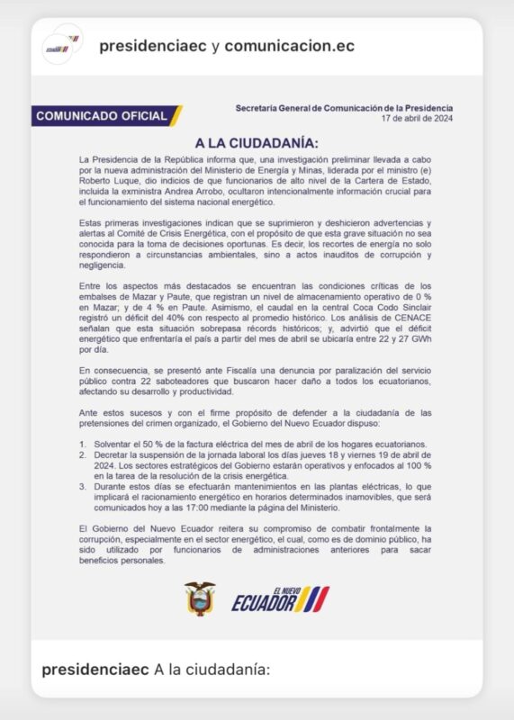 Ecuador | Por la crisis energética, suspenden dos jornadas laborales en todo el país 3 crisis - 2