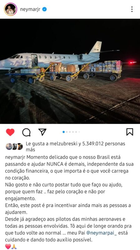 Brasil | Neymar donó más de dos toneladas de alimentos para los evacuados de Rio Grande Do Sul 3 posteo - 2