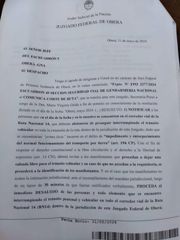 El gobierno renovador apuesta a los desalojos por la fuerza contra docentes en Misiones, antes de una hipotética mesa salarial 9 orden de desalojo contra docentes en RN 14 en Obera firmada por el juez Gallandat Luzuriaga - 8