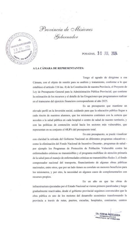 Presupuesto 2025 | Passalacqua presentó el proyecto con erogaciones por $3 billones 7 Presupuesto 2025 de Misiones presentado a la Legislatura por Passalacqua - 6