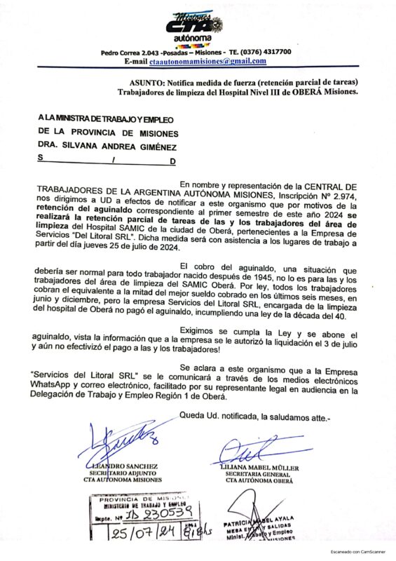 SAMIC de Oberá | Litoral SRL pagó el aguinaldo de diciembre con 4 meses de retraso y ahora no tendría el dinero para abonar el SAC 4 reclamo salarial de trabajadores de limpieza del SAMIC de Obera a la empresa tercerizada Servicios del Litoral SRL comunicacion al ministerio de trabajo - 3