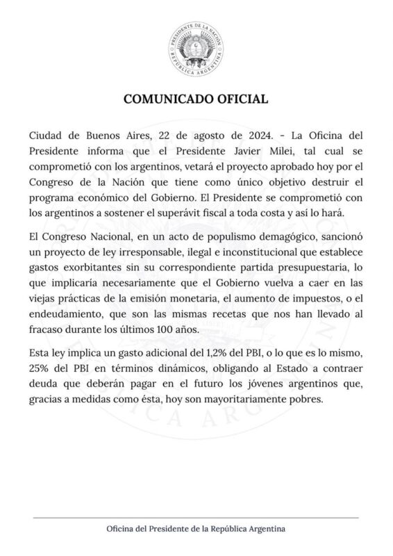El Gobierno confirmó que vetará el proyecto de ley que aumenta las jubilaciones en un 8,1% 3 1 - 2