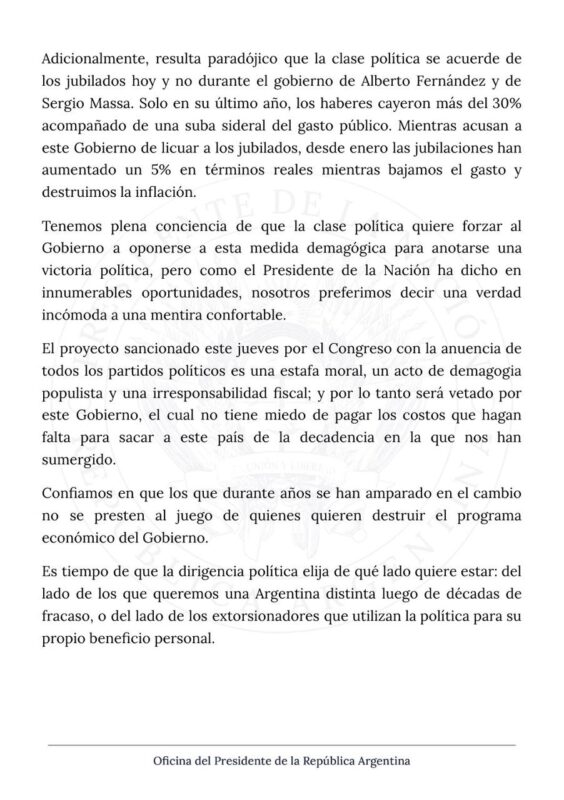 El Gobierno confirmó que vetará el proyecto de ley que aumenta las jubilaciones en un 8,1% 5 2 - 4