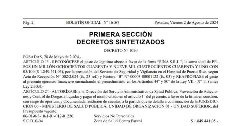 Impunidad y explotación laboral | La empresa SINA SRL cobró $1,8 millones y paga sueldos de $110 mil a empleados por 300 horas de trabajo 3 Captura de pantalla 2024 08 02 pago de la provincia a SINA SRL - 2