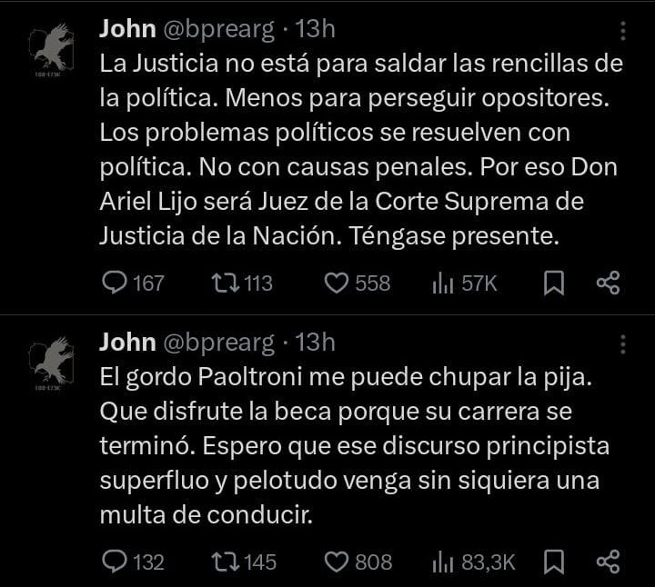 Paoltroni | “Santiago Caputo es el responsable de la pérdida de confianza y credibilidad en el gobierno” 9 cuenta atribuida a Santiago Caputo en la que insulta a Paoltroni por oponerse al pliego de Lijo para la Corte - 8