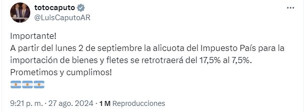 Impuesto País | Caputo confirmó que desde septiembre baja 10 puntos 4 impuesto - 3