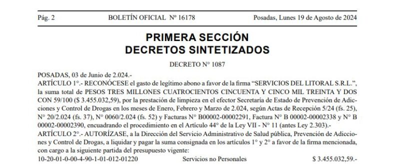 Contrataciones directas | La firma que despidió al 25% de sus empleados luego de recibir millones, estaría vinculada a Herrera Ahuad 14 Captura de pantalla 2024 09 03 decreto 1078 2024 en beneficio de Servicios del Litoral SRL - 13