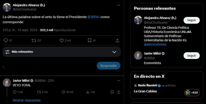 Pese a que 2 de cada 3 argentinos apoya el reclamo por la universidad pública, Milei vetará la Ley de Financiamiento Universitario 3 Captura de pantalla 2024 09 14 Alejandro Alvarez y Javier Milei veto contra la ley de presupuesto universitario - 2
