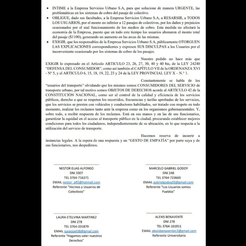 Usuarios del transporte público presentaron una nota al municipio ante el mal funcionamiento de los sistemas de cobro 4 Comunicado 1 - 3