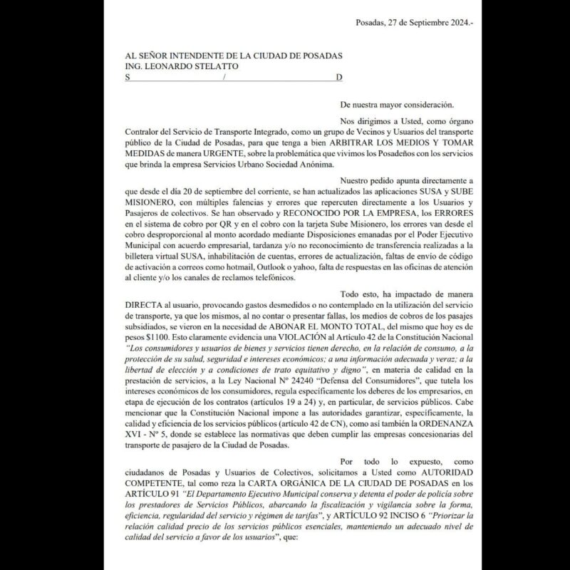 Usuarios del transporte público presentaron una nota al municipio ante el mal funcionamiento de los sistemas de cobro 2 Comunicado 2 - 1