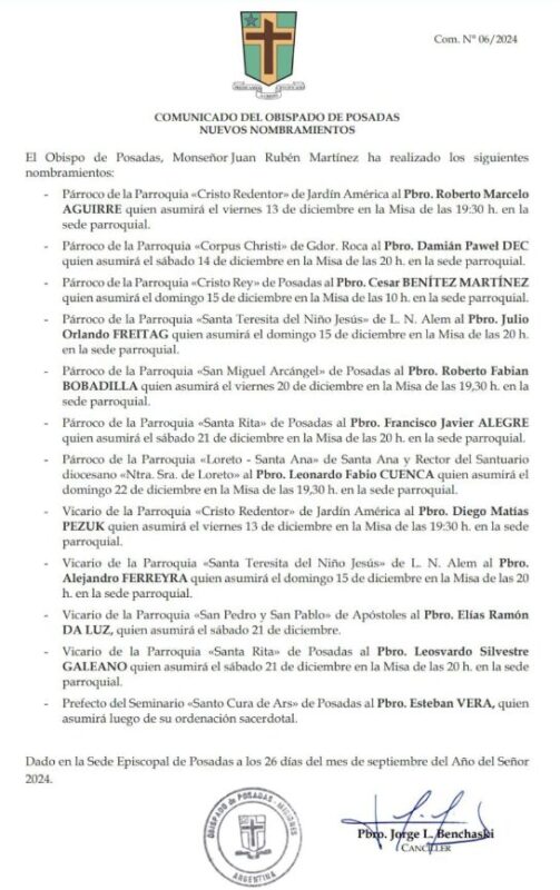 Diócesis de Posadas | Nuevos nombramientos del obispo Juan Rubén Martínez para diferentes parroquias 5 obispado - 4