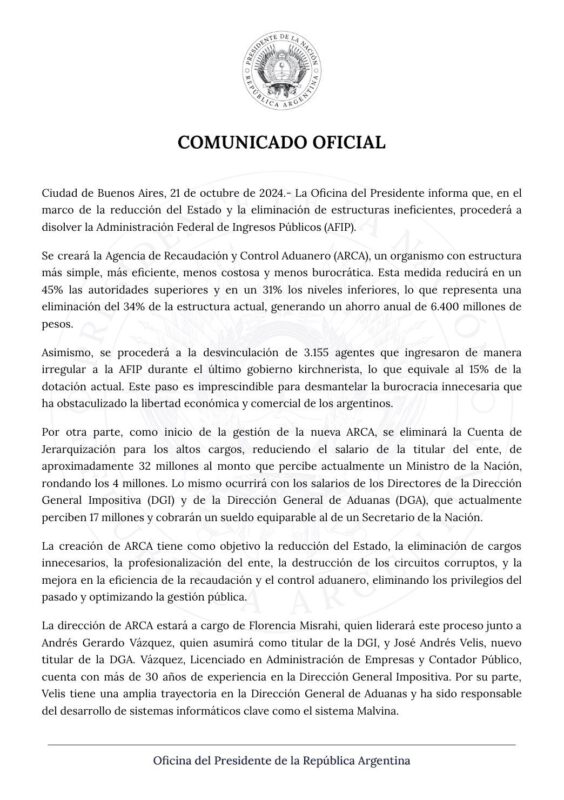 Milei disuelve la AFIP y las dependencias pasarán al Ministerio de Economía 4 comunicado de la Casa Rosada y Milei sobre la disolucion de la AFIP - 3