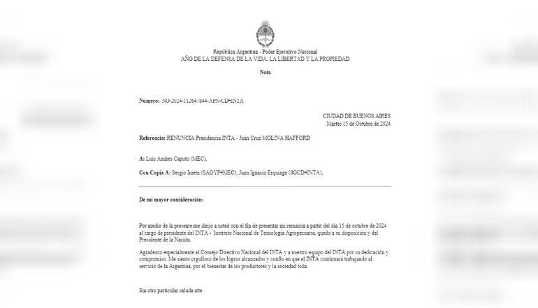 INTA | Renunció Juan Cruz Molina Hafford, presidente de la institución y temen el cierre del organismo 3 renuncia inta - 2