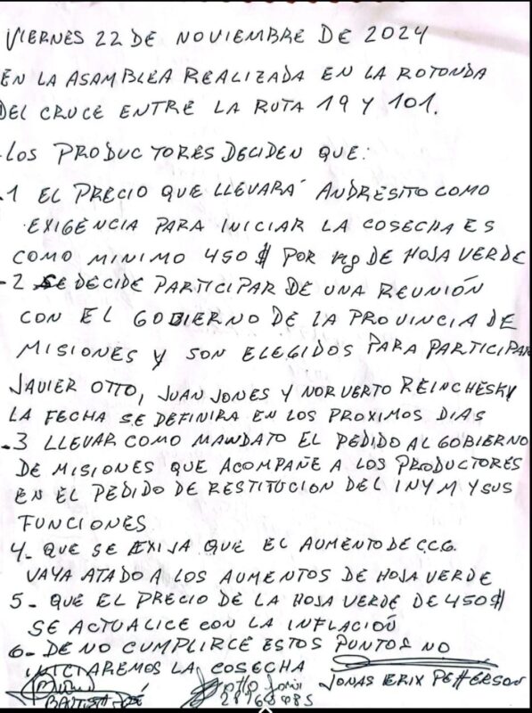 Reunión en Andresito | “Sin precio no habrá safriña y ni cosecha larga, porque trabajamos a pérdida” 3 productores andresito reclamo 3 - 2