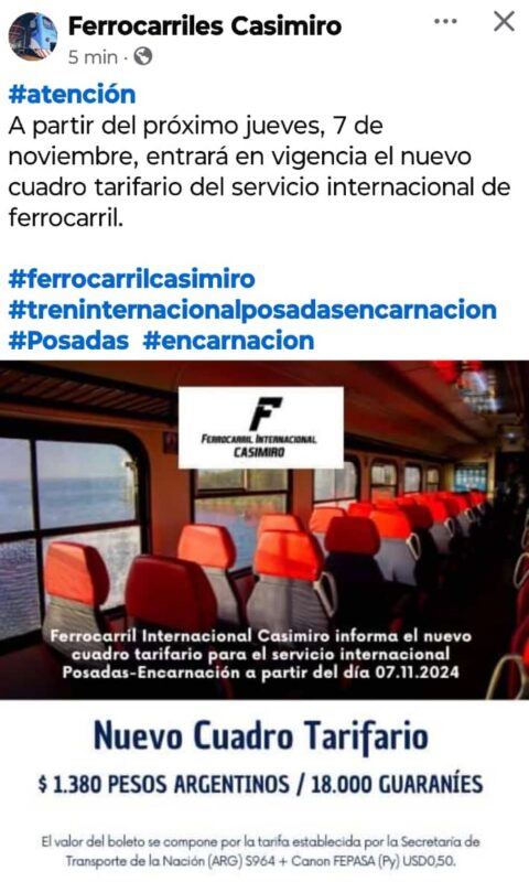 Golpe al bolsillo | Desde el 7 de noviembre, nuevo cuadro tarifario del tren Posadas-Encarnación 4 tren - 3