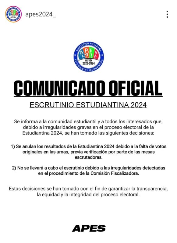 Estudiantina 2024 | APES dió a conocer irregularidades, anuló los resultados y este año no habrá ganadores 3 2f2f5ff2 0eaa 4ddb 82c9 49062ea69994 - 2