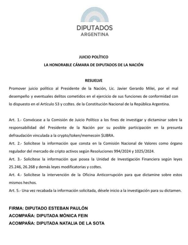 $Libra | La oposición presentó un pedido para impulsar el juicio político a Milei por las criptomonedas 3 comunicaado - 2