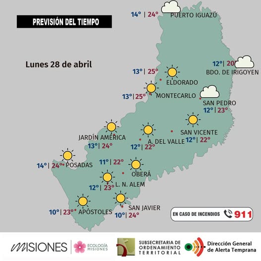 Con mínimas entre 9 y 16º se hará sentir el frente frío en Misiones 4 pronostico lunes 28 - 3