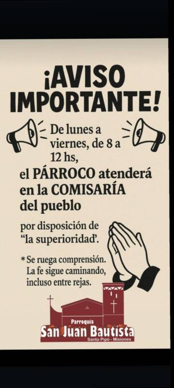 Capellanes de la Policía de Misiones obligados a hacer guardia administrativa en comisarías 5 Aviso de la Parroquia San Juan Bautista Santo Pipó