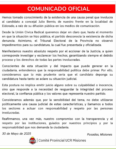 La UCR Misiones pidió que Julio Bernio deponga su candidatura tras conocerse que enfrenta una causa penal 5 Comunicado de la UCR sobre la situación de Bernio