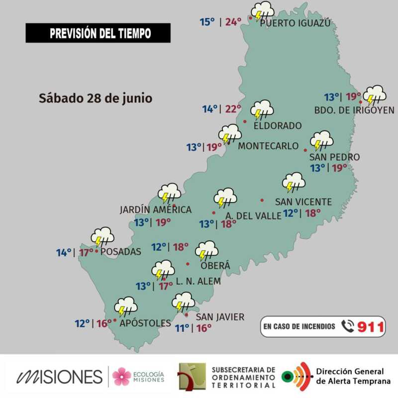 Fin de semana inestable y descenso de temperatura en Misiones 2 Sábado 28: lluvias, tormentas y viento fuerte en Misiones