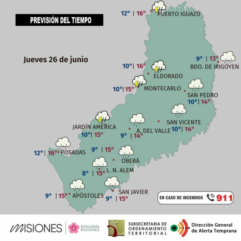 Misiones: llega la lluvia con frío, nubarrones y hasta granizo 5 Jueves 26: lluvias, cielo cubierto y posible granizo en centro y norte de Misiones