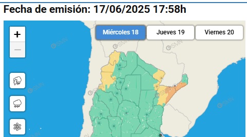 Alerta naranja y amarilla por tormentas para Misiones y Corrientes este miércoles 18 de junio 2 La alerta naranja para este miércoles 18 de junio en norte de Corrientes y sur y centro de Misiones - IMAGEN: SMN