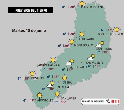 Semana con tiempo estable y mañanas frías en Misiones: cómo estará el clima del martes 10 al jueves 12 de junio 1 Informe meteorológico para Misiones para el martes 10 de junio