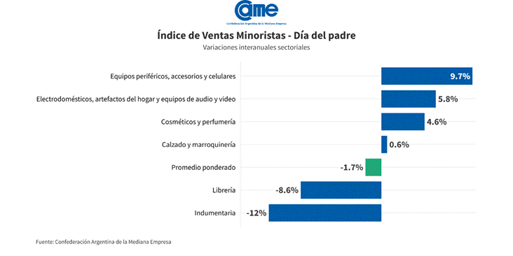 Día del Padre 2025: las ventas cayeron 1,7% anual y marcan tres años consecutivos en baja 6 Ventas del Día del Padre según los rubros medidos por CAME