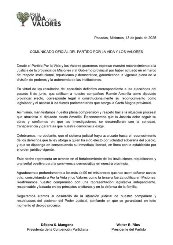 Amarilla tras su salida: ''lucharemos por el salario de toda la administración pública'' 4 El comunicado del partido Por la vida y los valores este viernes 13 de junio, ante la inminente liberación de Amarilla.