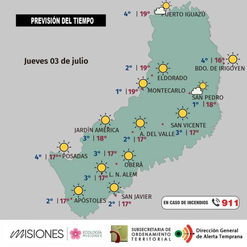 Sol, frío matinal y tardes templadas en Misiones 4 Viernes 4 : tiempo estable y en ascenso en Misiones