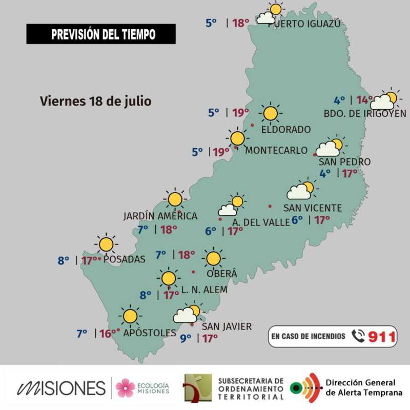 Misiones: fin de semana con frío a la mañana y sol pleno 3 Viernes 18: frío al amanecer y cielo despejado en Misiones
