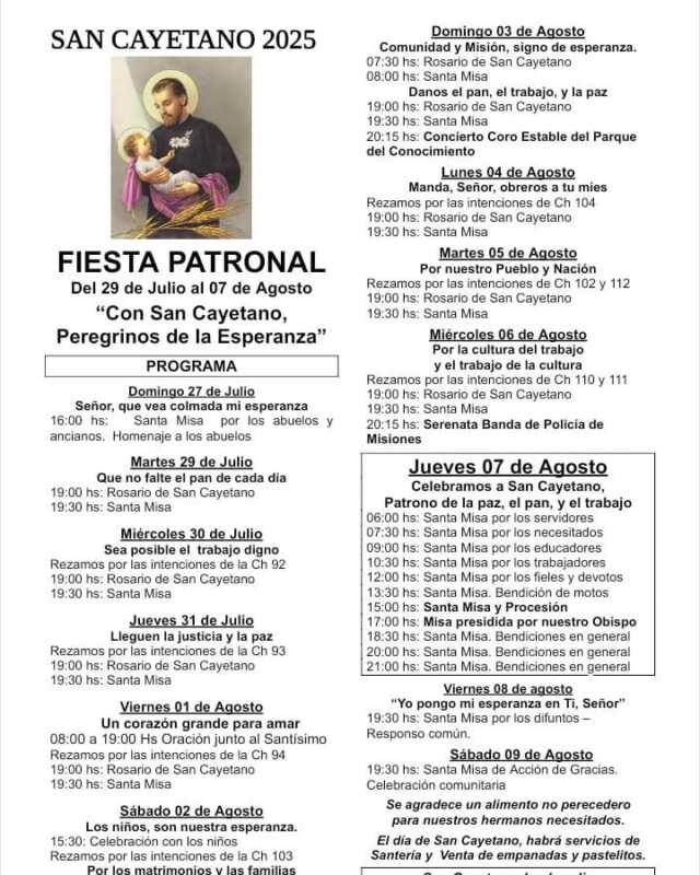 San Cayetano en Posadas: cronograma completo de misas, procesiones y actividades 3 Actividades completas por San Cayetano en Posadas