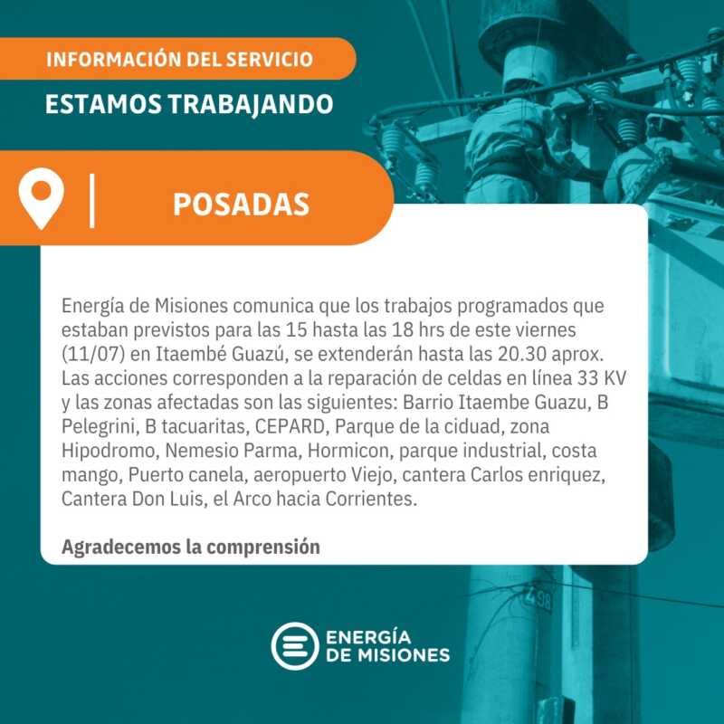 Sin energía en Itaembé Guazú, CEPARD y zonas cercanas por trabajos en la línea 33 KV 2 cortes de energía