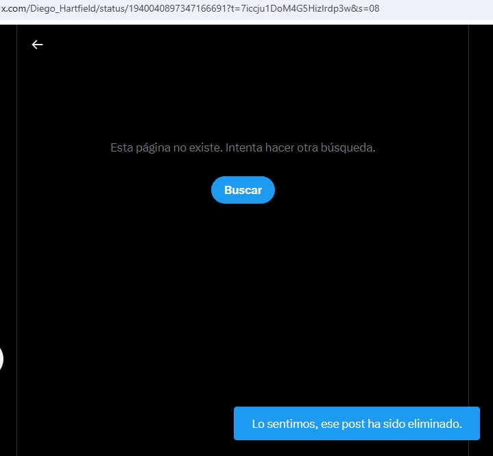 El aviso de X cuando se intenta ingresar al posteo de Diego Hartfield sobre los Ahora.