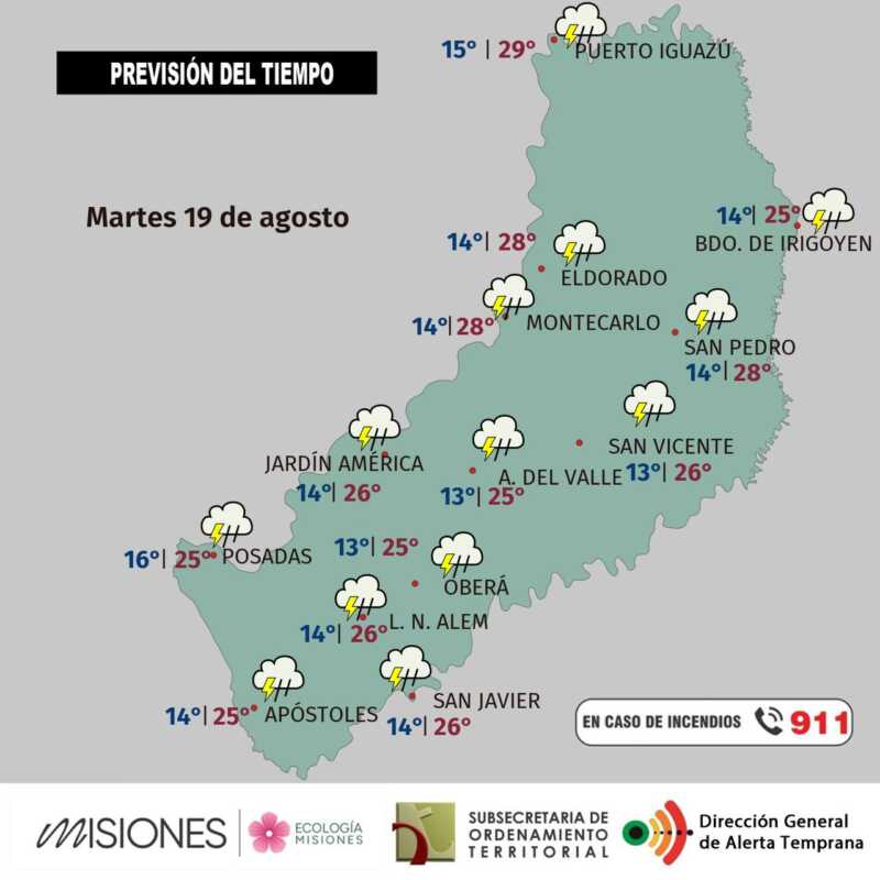 Tiempo en Misiones: lluvias, viento y advertencia naranja para este martes 2 Martes 19: Ventoso e inestable, con lluvias y tormentas aisladas por la tarde en Misiones
