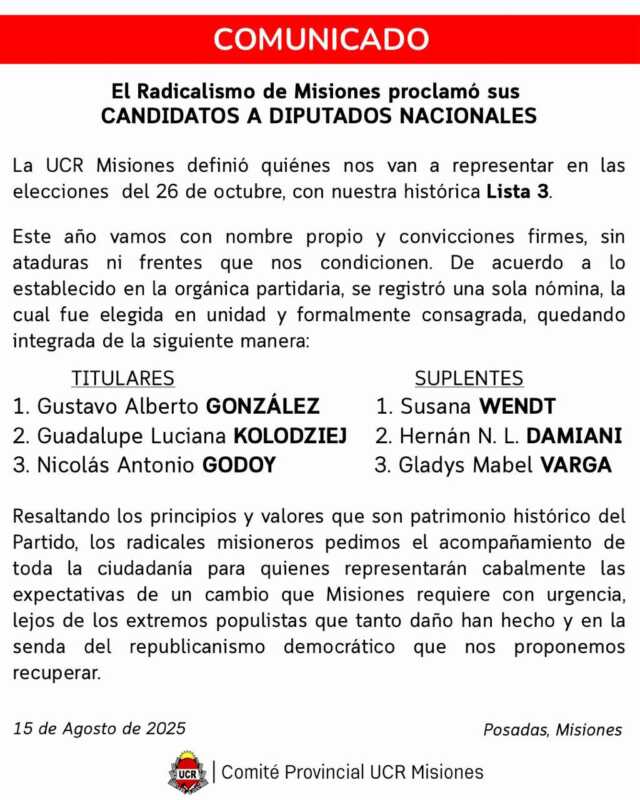 Gustavo González confirmó el anticipo de Radio Up: "tengo el orgullo de ser el primer candidato" 3 comunicado UCR Misiones - 2