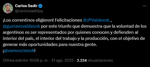 Corrientes: Gobernadores de Provincias Unidas y Schiaretti celebraron la victoria de Juan Pablo Valdés 7 corrientes3 - 6